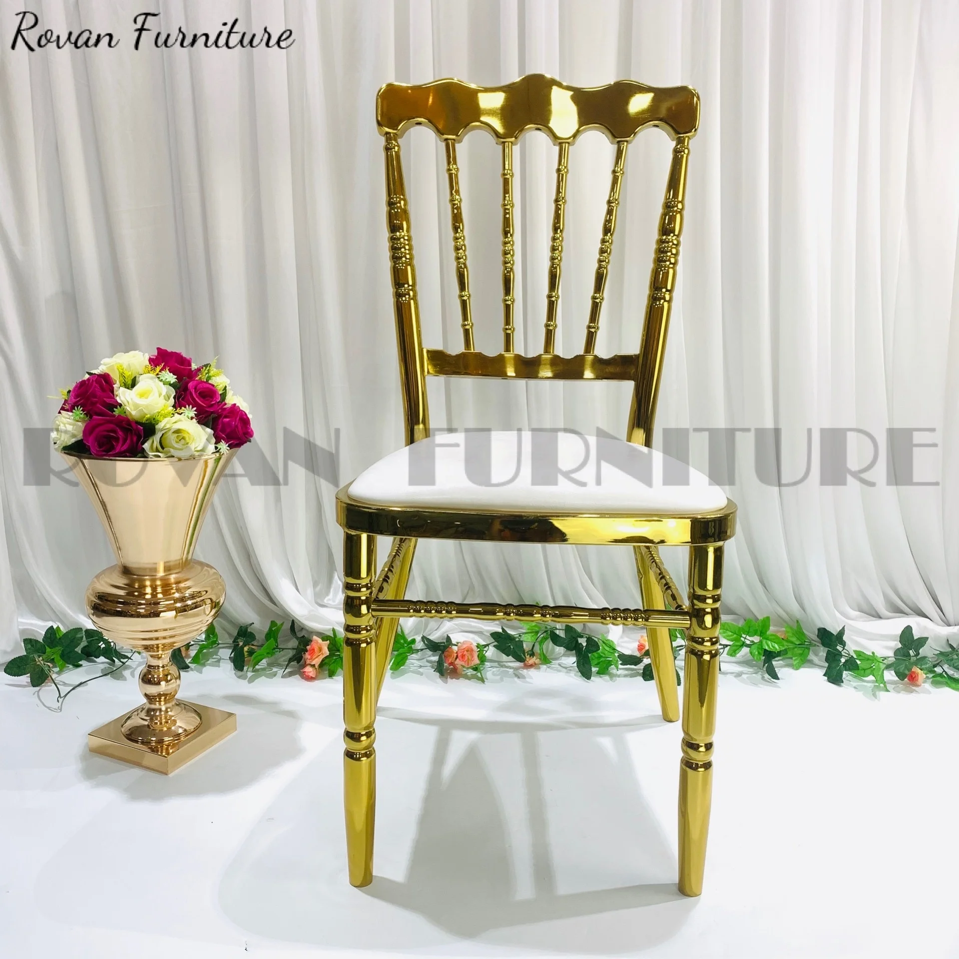 Mid Century Modern stainless steel upholstery Dining white leather napoleon chiavari chair gold stackable wedding event Chair