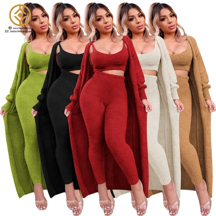 Y7768-winter women clothing sexy women pants and bra sets plush cardigan three piece set