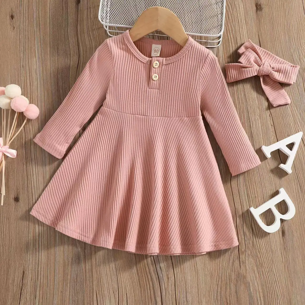 Hot Sale Infant Toddler Kids Baby Girls Dress Soft Knitted Long Sleeve Button Dresses For Girls Autumn Spring Clothing