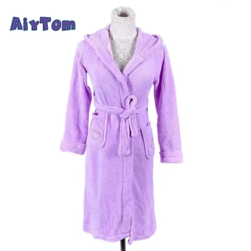 New design 100% polyester coral fleece pajamas soft and warm purple women winter fleece bathrobe wih hood