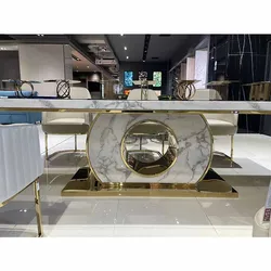 AN08  Luxury   round  Coin  gold chromed dining table set 10 seater marble table  chair set