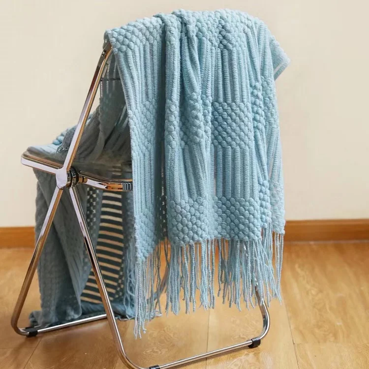 Handmade  knitted 100% acrylic jacquard throw blanket with fringes sofa throw blanket office rest throw