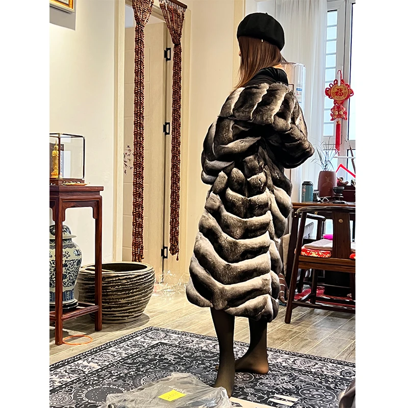 real crown chinchilla fur long coat with huge hood women plus size chinchilla fur long jacket