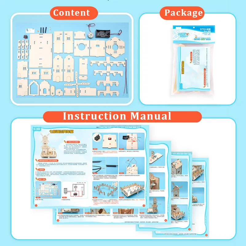 High Quality Glowing Dutch Windmill House 3D Wooden Puzzle Set Diy Wood Science Toys for Children Game.