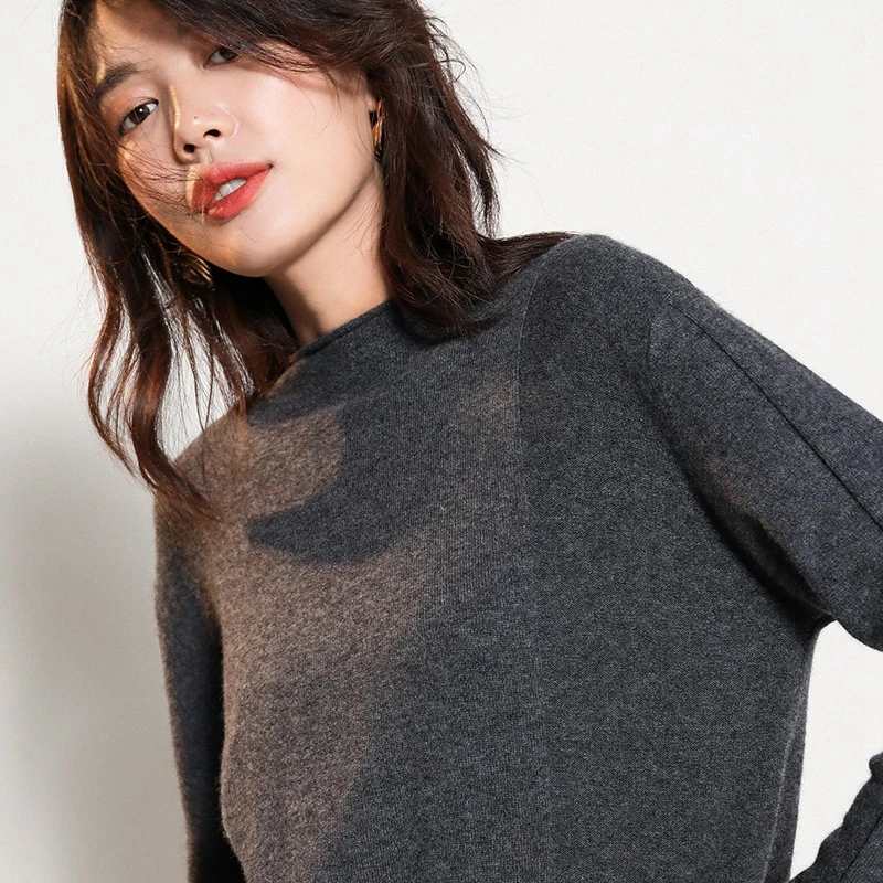 OEM ODM Knitted Slim Fit Ladies Crew Neck 65% Merino Wool 35% Cashmere Women Sweater