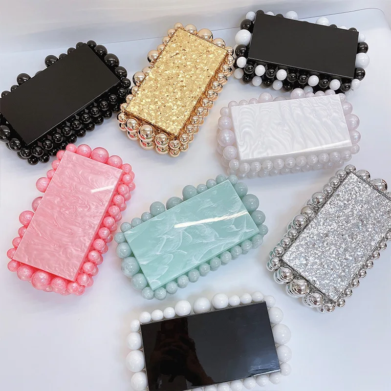 Luxury design box shape pearl acrylic bag clutch fashion small dinner party diamond purses women wedding evening bags for ladies
