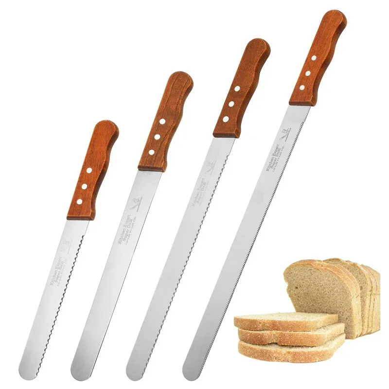 Stainless Steel Wooden Handle Cake Knife Bread Knife 8/10/12/14 Inch Baking Tools Toast Serrated Knives