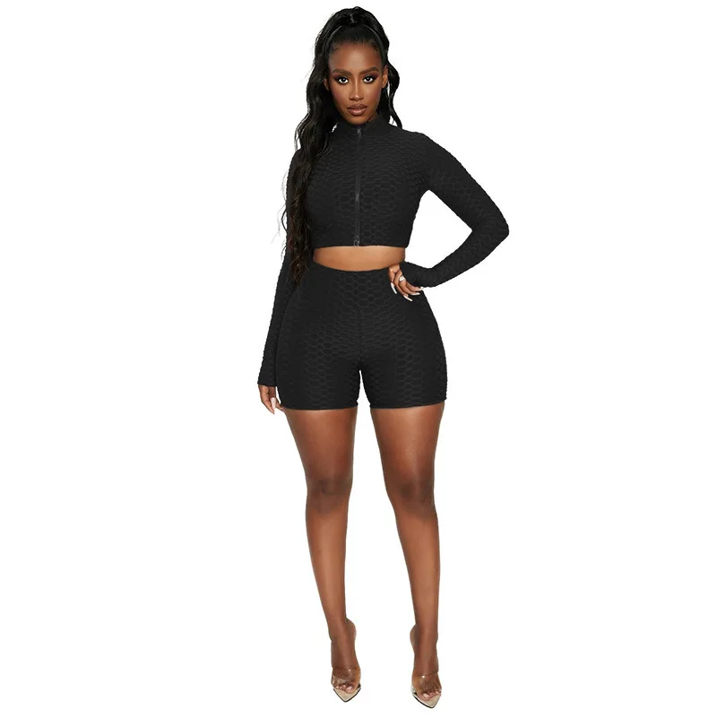 Stand Collar Crop Top Zip 2 Piece Set Breathable Push Up Women Sportswear Active Fitness Suit Yoga Set