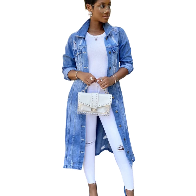 
Autumn Trendy Ladies Long Denim Trench Coat Sexy Blue Ripped Denim Jacket 