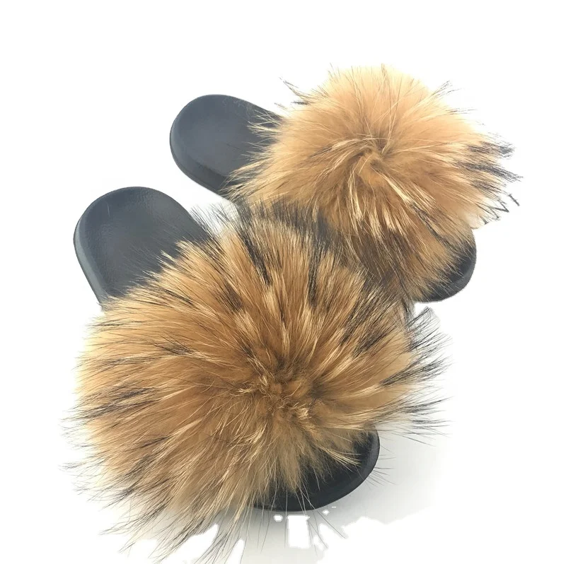
Specially designed fur slipper socks fur sandals raccoon brown fur slides 