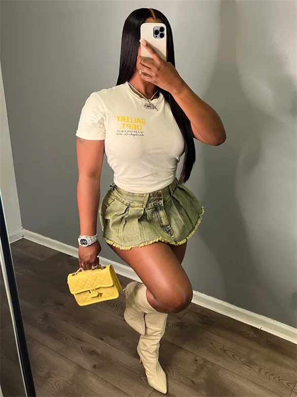 New Arrival Stretch Ruffle Washed Jean Wrap Skort Ladies Street Style Cotton Jeans Shorts Pleated Denim Mini Skirt For Women