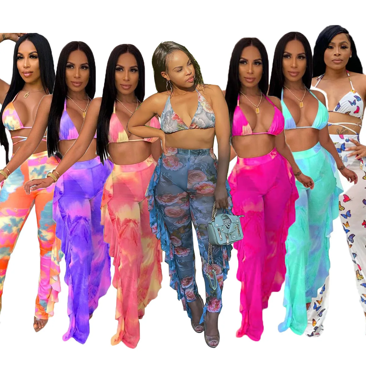 2021 Summer Printing Mesh Two Piece Set Swimwear Women Swim Wear Bikini High Waist Swimsuit Swimsuits For Women 2021