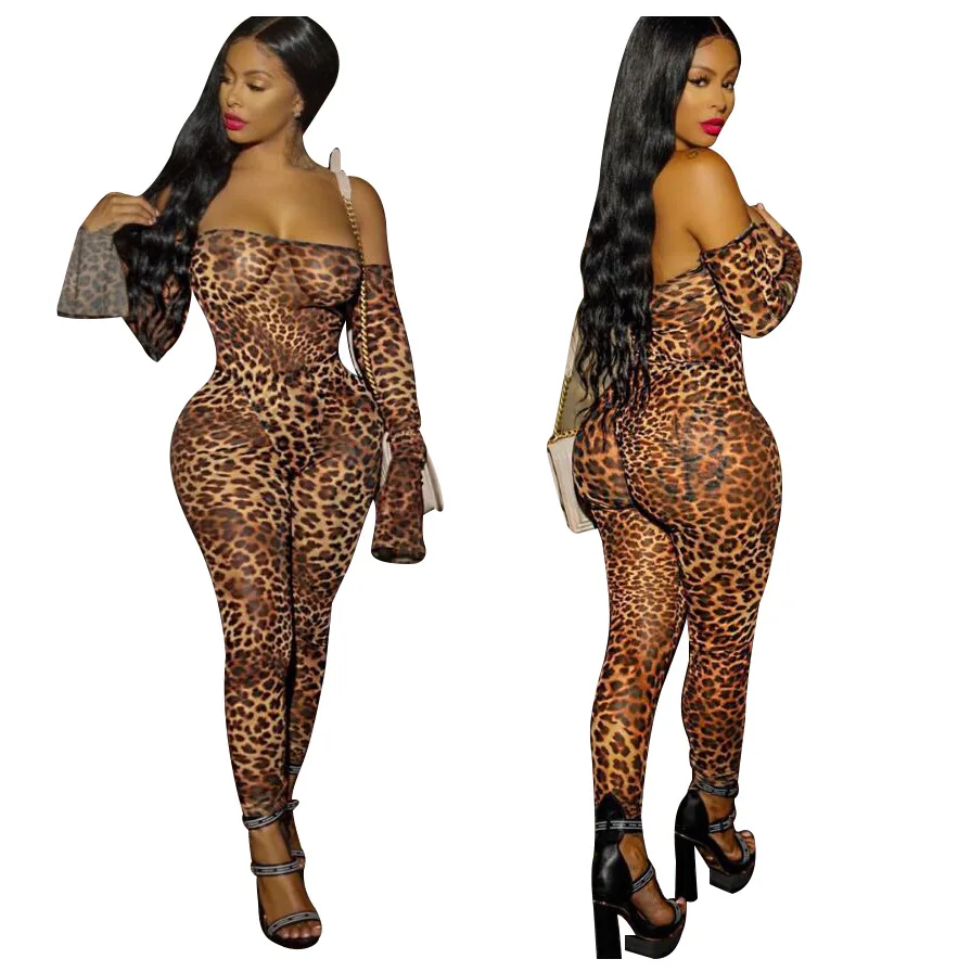 
Jumpsuit female foreign trade casual printing leopard print sexy plus size nightclub outfit 