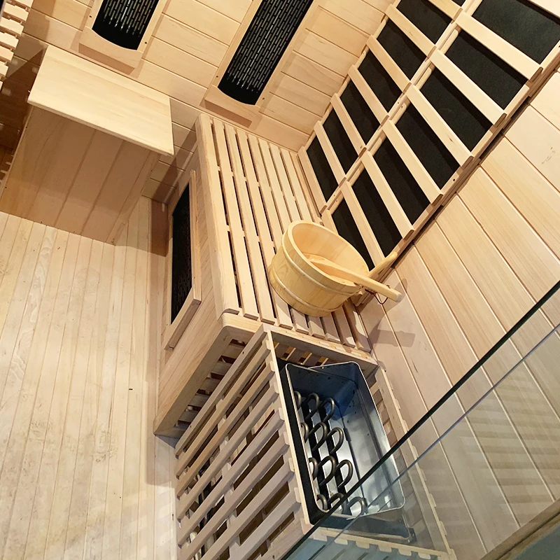 Innovative wet dry combination solid wood far infrared sauna room with steam sauna stove