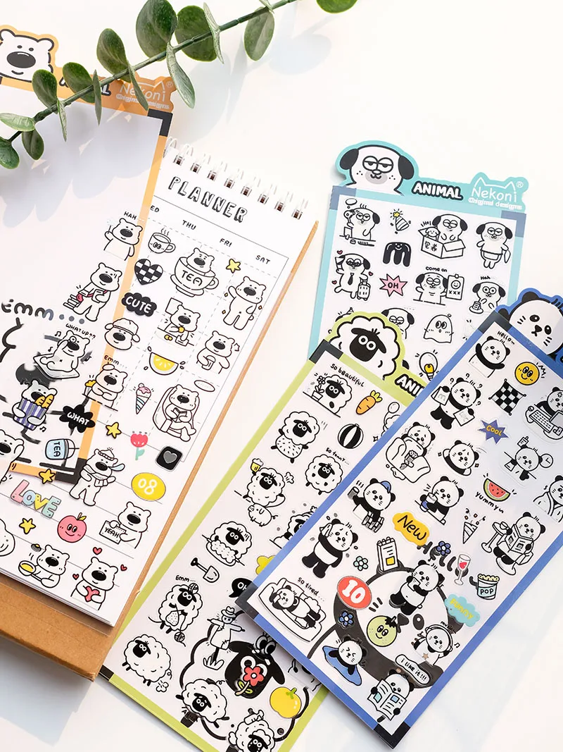 Nekoni Original Designs Animal Stickers Sheet Waterproof Stickers Sheep Panda Dog Bear PVC Decals Vinyl Sticker Planner Decals 