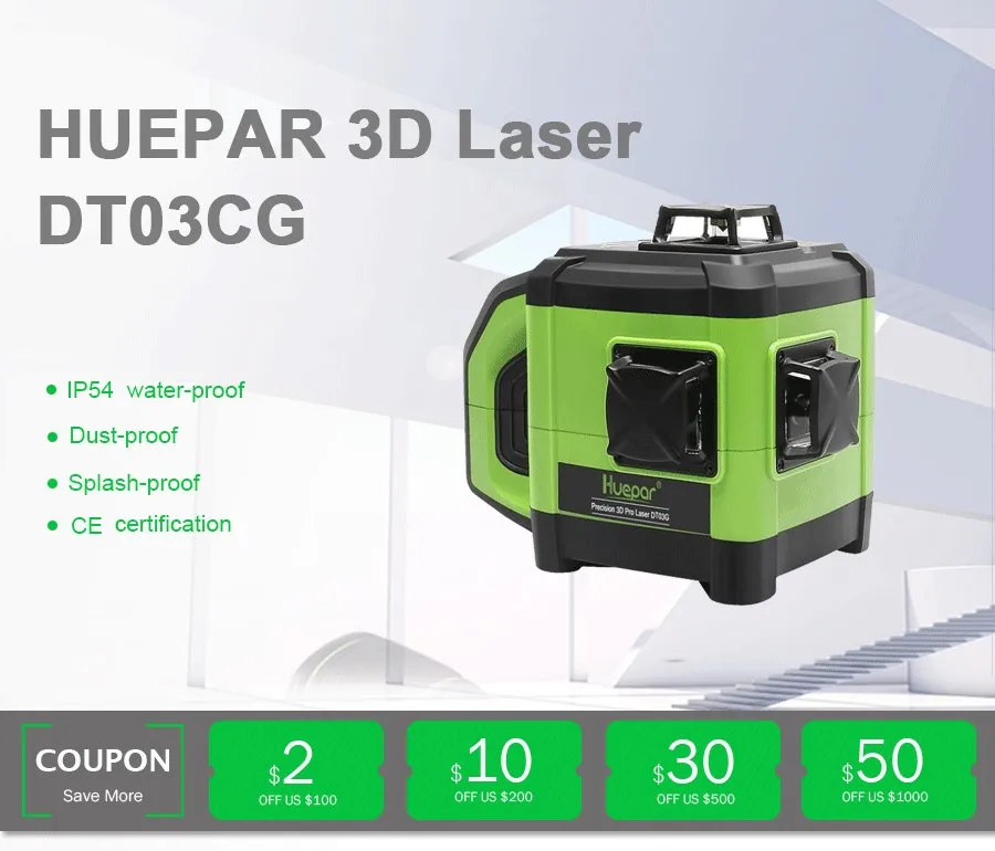 3D зеленый лазерный уровень Huepar DT03CG трехуровневый с функцией выравнивания и двойного наклона 3x360