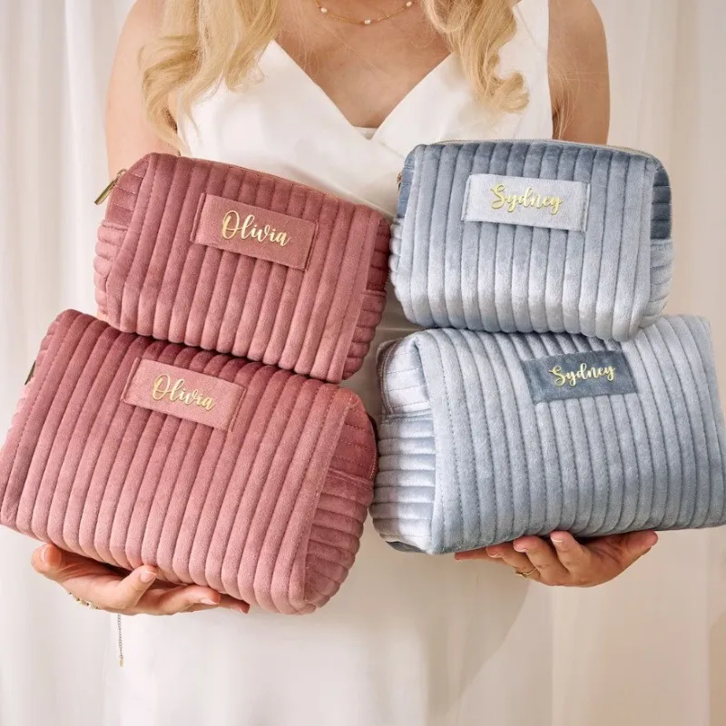 Custom Logo Travel Large Quilted Cosmetic Pouch Velvet Makeup Bag For Women