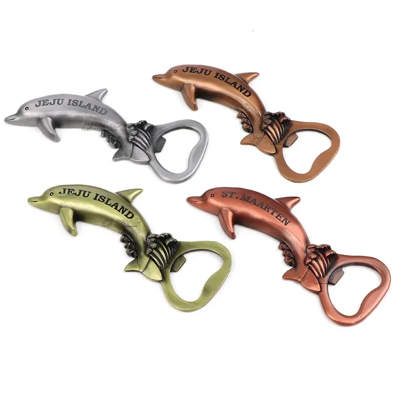 Custom Designed Printed Logo Dolphin Shaped JEJU Island Beach Metal Souvenir Bottle Opener Magnet