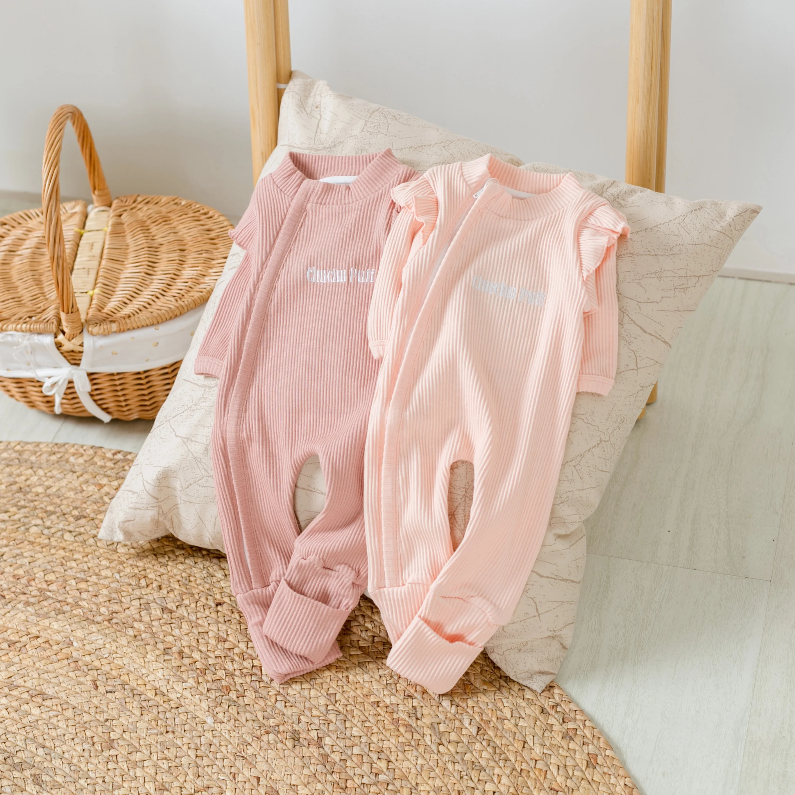 Newborn Spring Baby Girl Waffle Knit Rompers Zipper Ruffle Bodysuit Flutter Jumpsuit Fall Playsuit One Piece Outfit Clothes