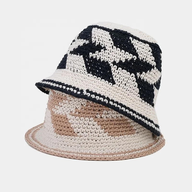 New Coming 2 Colors Crochet Knit Bucket Hat Fashion Lady Cotton Thread Sunshade Crochet Hats Wholesale for Adults