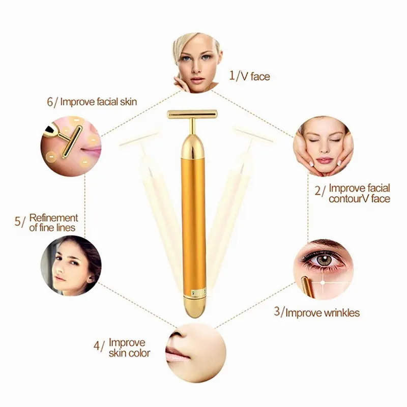 Hot Selling Beauty Bar 24K Golden Pulse Facial Massager T-Shape Electric Face Massage Tool