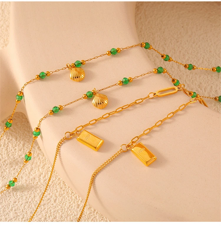 CH110 Factory Wholesale Green Beads Bohemian Shell Charm Stainless Steel 18K Gold Plated Anklet Women Fashion