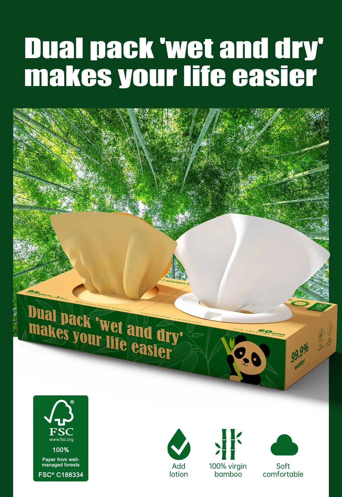 Sweet Carefor Pure Water Baby Wipes and Bamboo Lotion Tissues,Customized 2-in-1 Wet Wipes and Bamboo Tissue Paper package