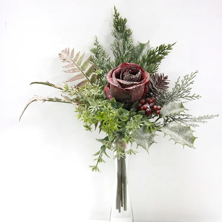 Simulation flower Artificial 35cm Rose fern pine bundle For Wedding Home Christmas Decor