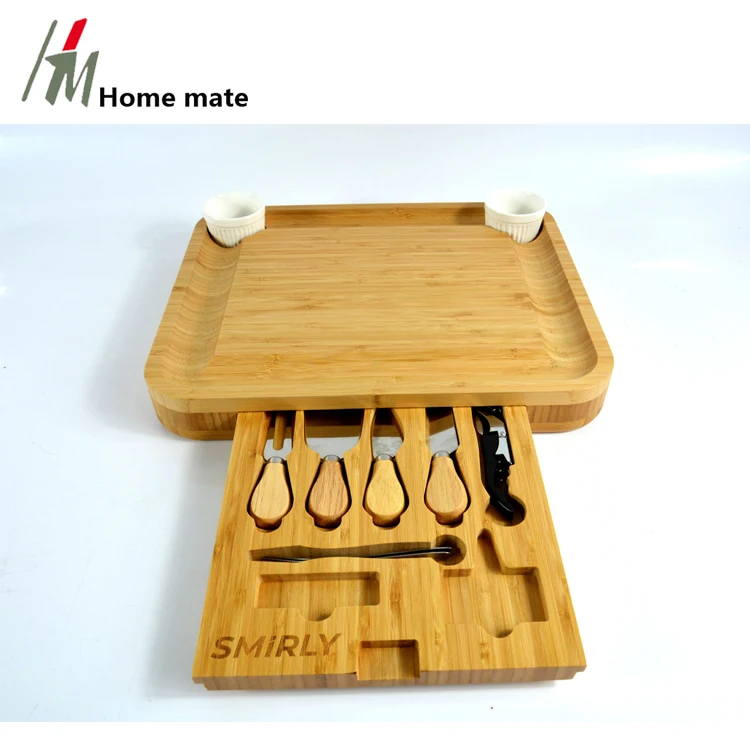  Кухонная доска для сыра и набор ножей Бамбуковая тарелка разделочная Сервировочная колбасных изделий с выдвижным ящиком