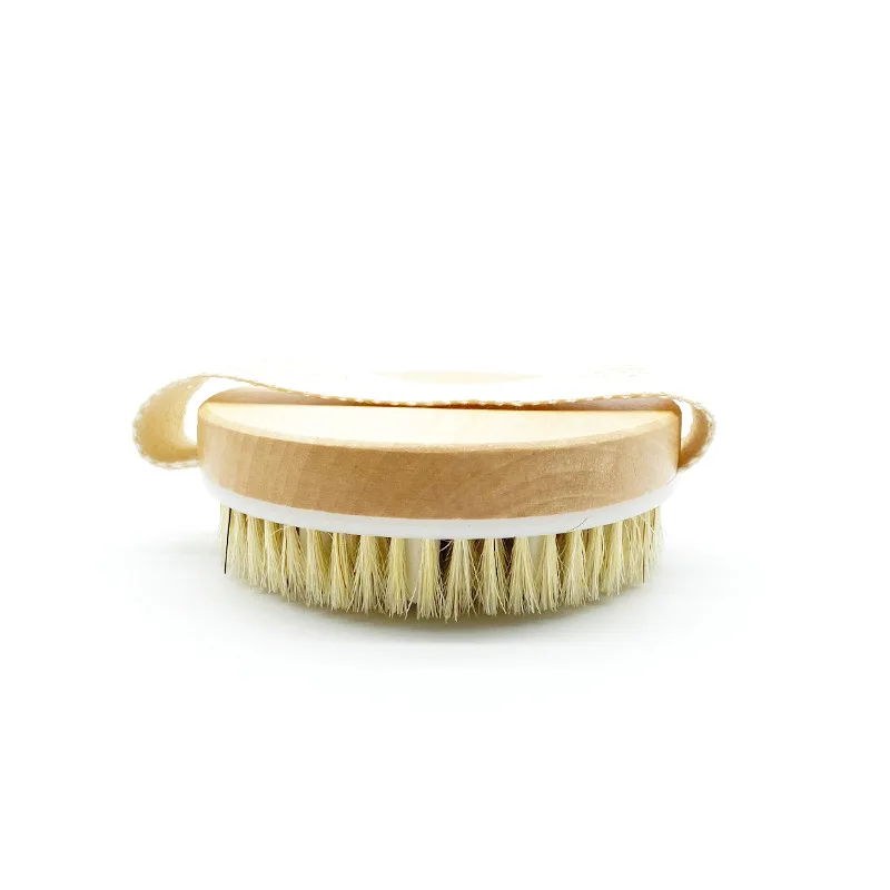 YAQI Round Wooden Scrub Bath Massage Silicone shower Brush dry body brush with Boar Bristles