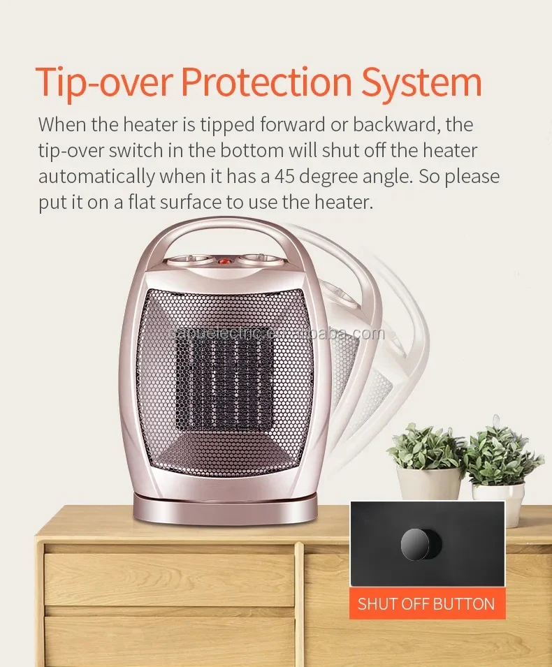 Portable Electric Space PTC Heater Fan Electric Ceramic  Heater With Tip-over Switch