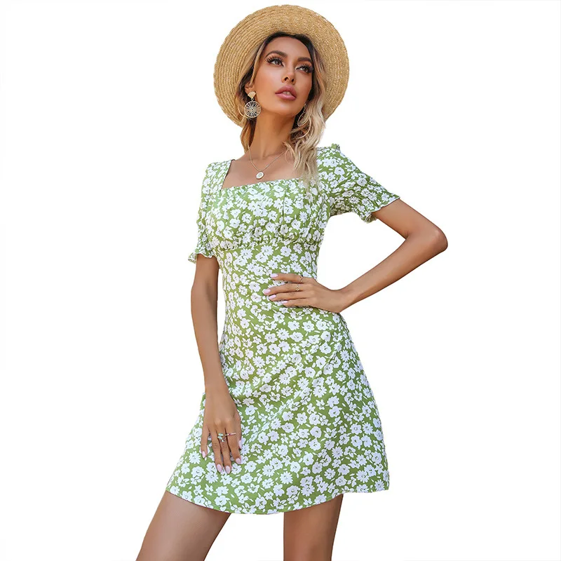 Женское шифоновое платье с коротким рукавом, плиссированное облегающее платье с цветочным принтом и квадратным вырезом, Новинка лета 2021