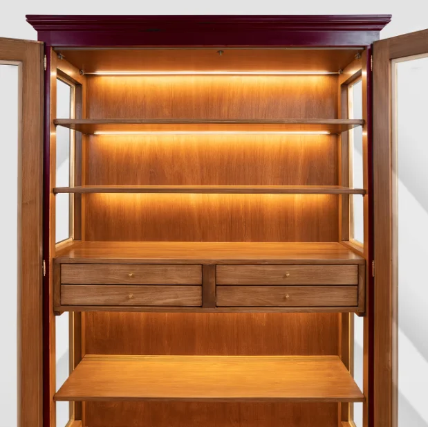 European Contemporary Exquisite Simple Wine Red Wood Surface Glass Door and Wood Base Living Room Cabinet