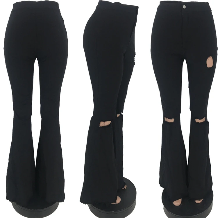 
08AF102 New design solid color washed hole elastic force women Skinny Jeans denim flared pants 