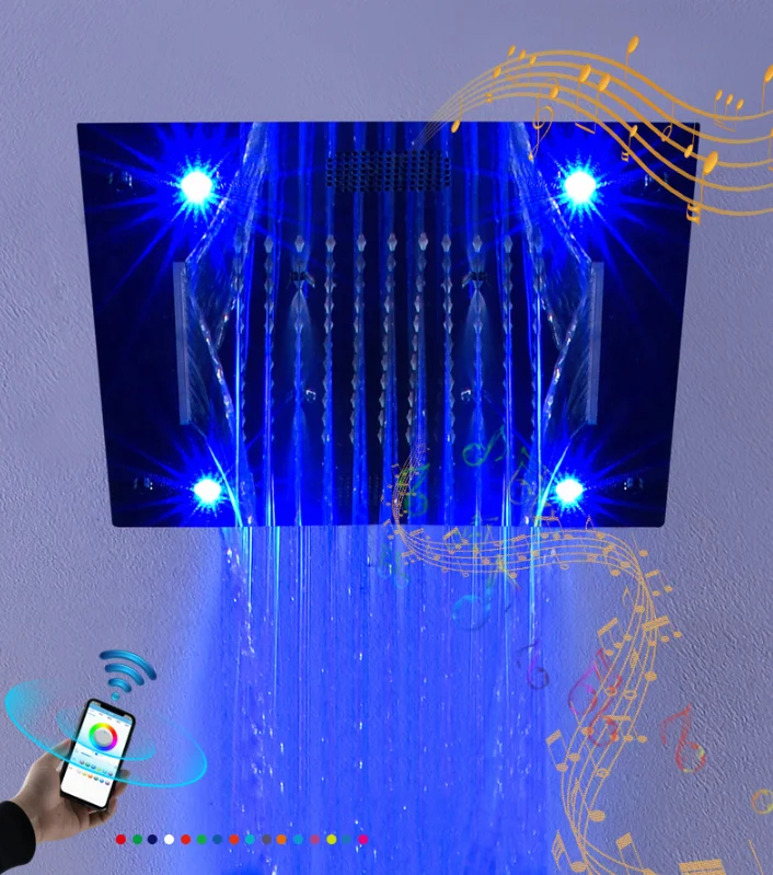 16 Inches 40x40 cm Rain and Waterfall Embedded Ceiling LED Bluetooth Music Shower Head Bathroom Thermostatic Shower Faucet Set