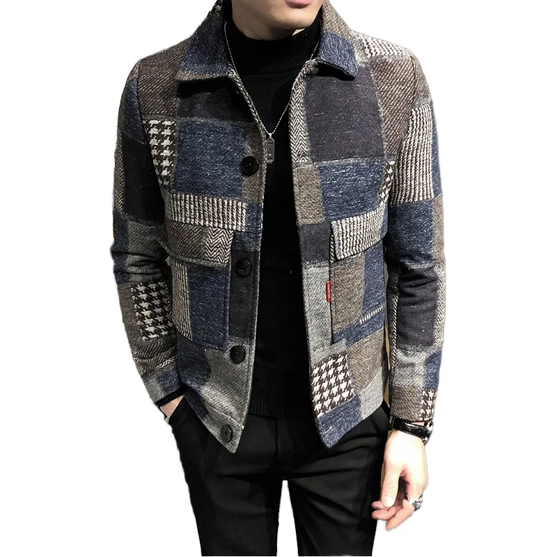 TONGYANG Autumn and Winter New Plaid Woolen Jacket Korean Style Fashion Slim Fit Casual Jacket For Men Lapel Jacket Woolen Coat