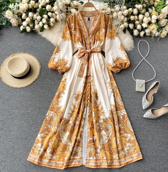 
Ancient style dress female spring new temperament V collar row button slim long print dress long skirt 