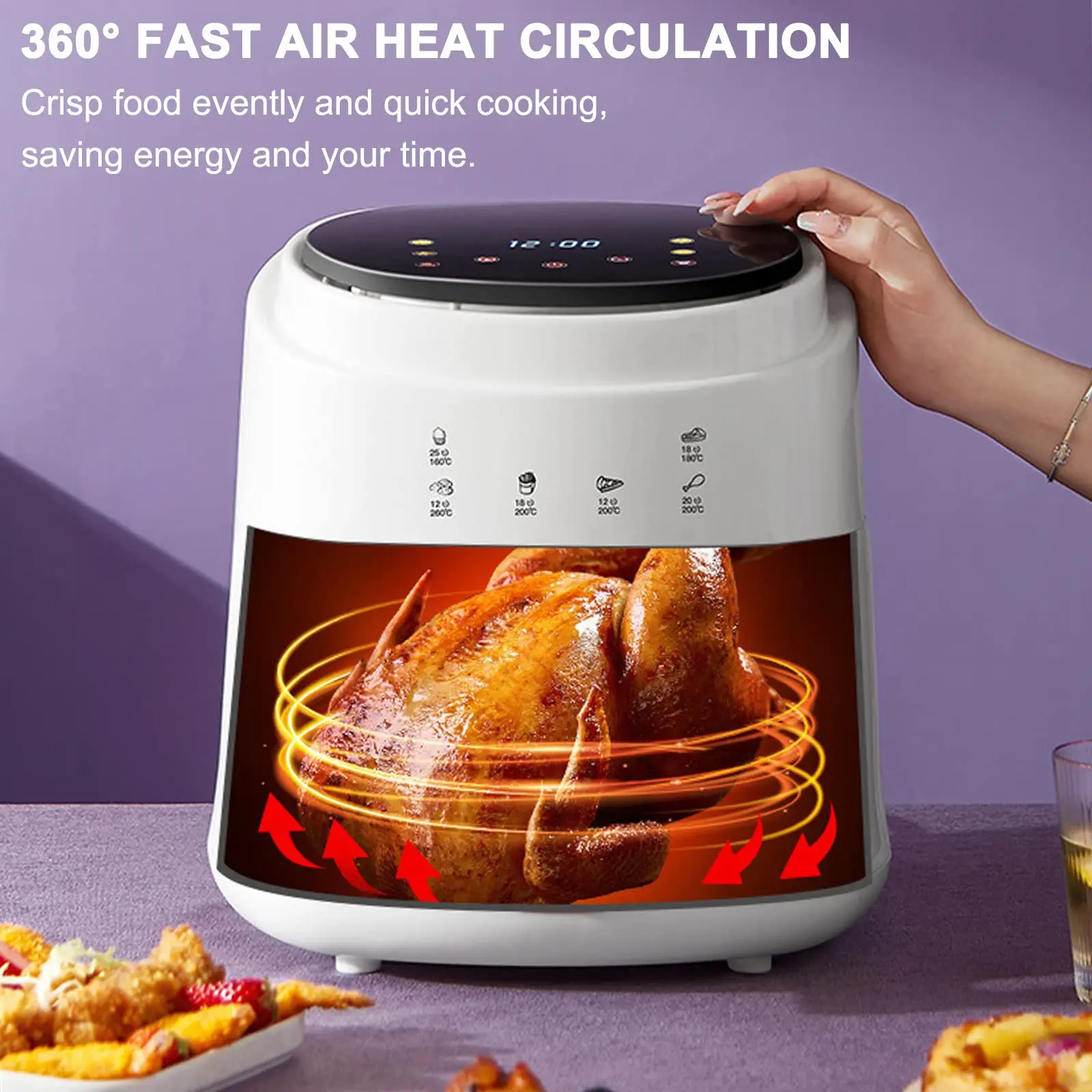 1400W Air Circulation Nonstick Basket 8L Oilless Air Fryers with 6 Presets Digital Touch Screen Timer Temperature Control