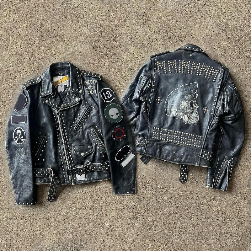 Salati Streetwear Custom Luxury Patches Embroidery Studded Pu Man Punk Rock Moto Biker Riding Motorcycle Leather Jacket For Men