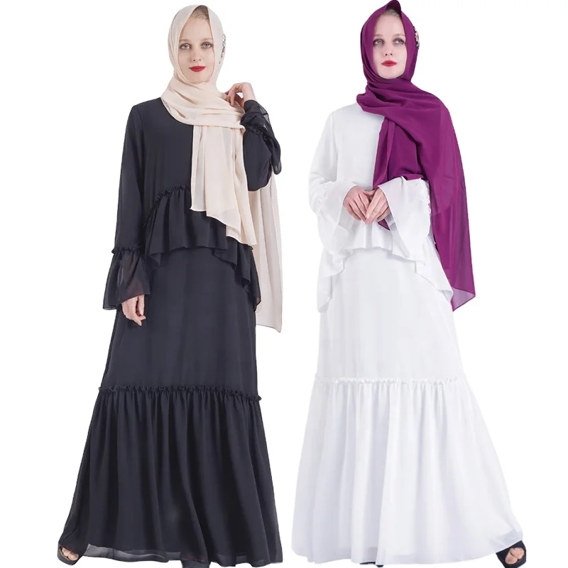 2021 New Scallop False 2-piece Middle East Arabic Long Sleeve Ladies Islamic Clothing Robe Women Modest Abaya Muslim Dress