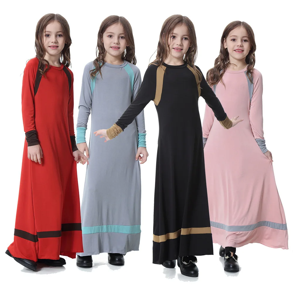 Wholesale OEM Four Colors Model Kids Abaya Jubah Long Sleeve Dresses Solid Color Muslim Kids Girl Islamic Clothing