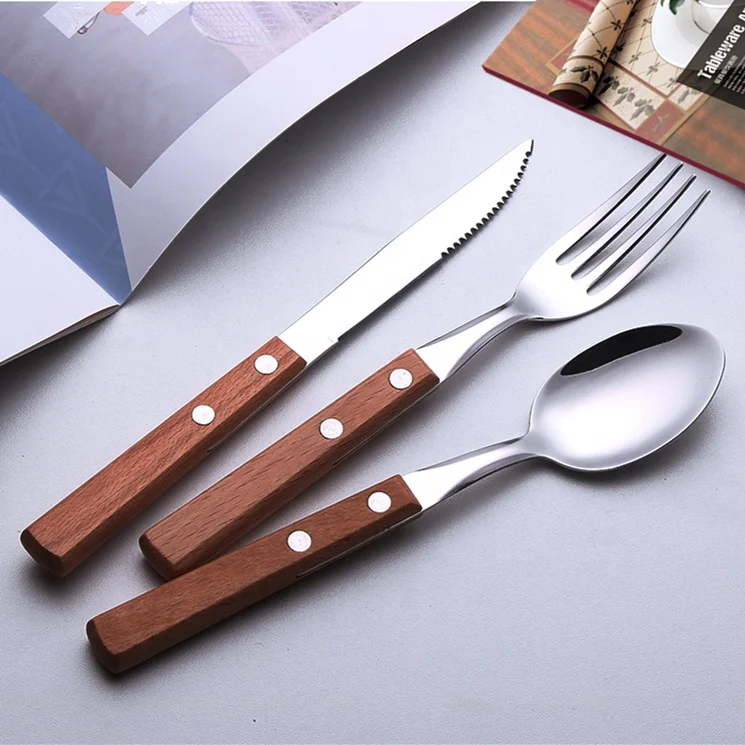 Wooden Handle Flatware Set stainless steel 18/8 Knife Fork Spoon wood handle cutlery set