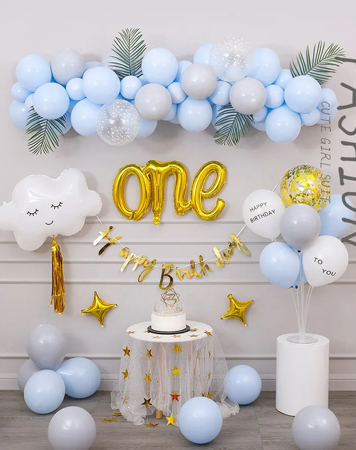 Kids Birthday Party 1st Cloud  One Foil and Latex Party Birthday Balloons Garland Kit for Boy and Girl Birthday Decoration