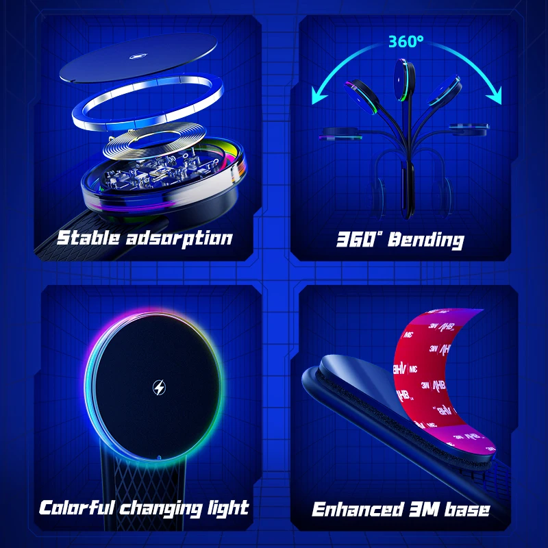 360 magnetic adjustable mobile wireless car charger mount bendable phone mount phone holder for charging