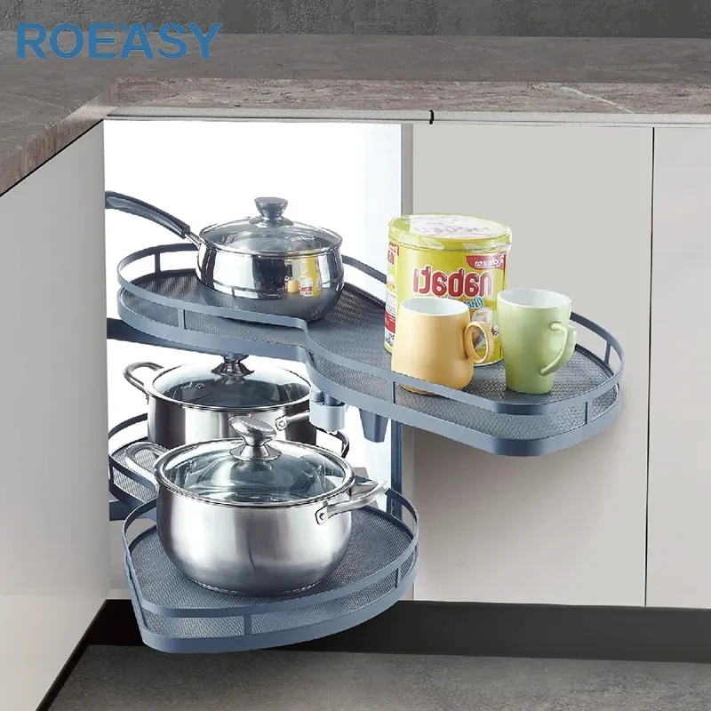 ROEASY Magic Corner 2 Tiers Cabinet Storage Swing Tray  Soft Closing Sliding Pull Out Basket for Cabinet Blind Corner