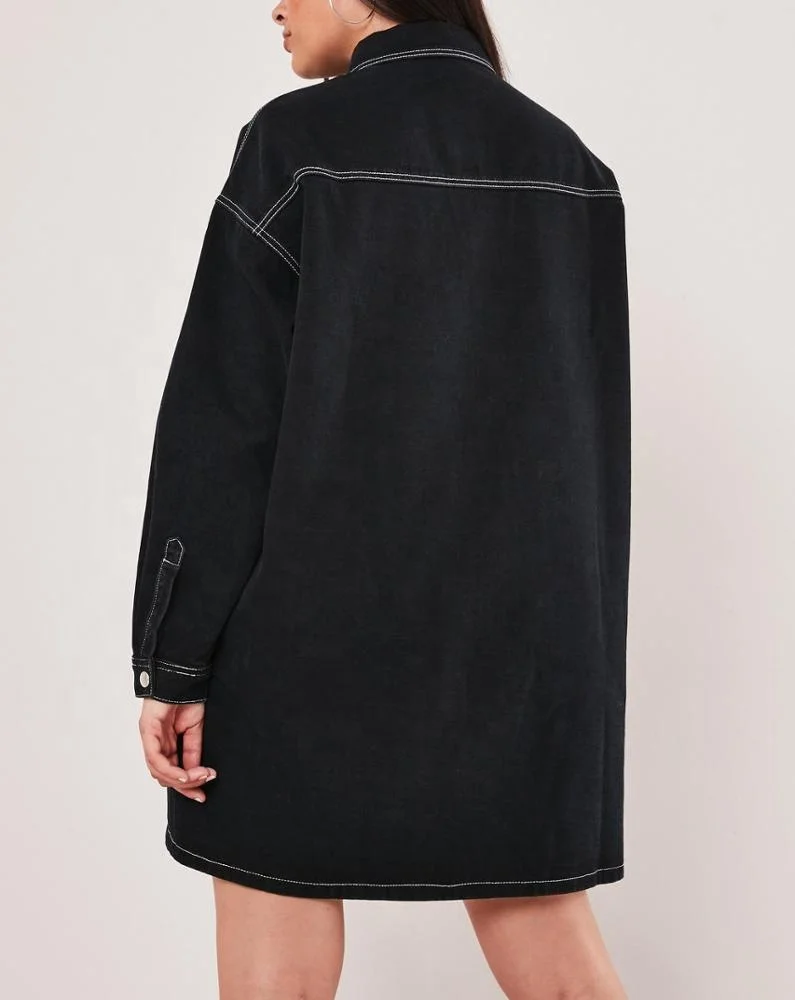 custom logo plus size fat women black jacket contrast white stitch ladies cool fashion long denim jacket