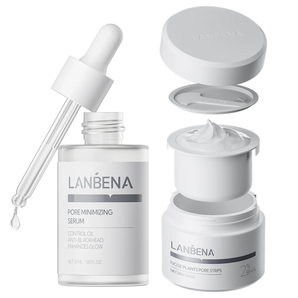 Lanbena Blackhead Remover Pore reducing serum and Nose pore Strips Skin Care Set two-in-one 30G/30ml
