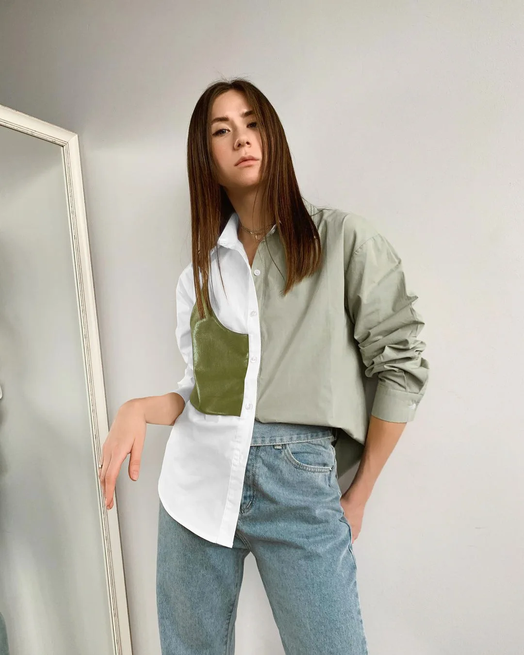 Designer fashion women custom logo shirt blouses collared white green loose causal PU long sleeve oversized two tone blouse