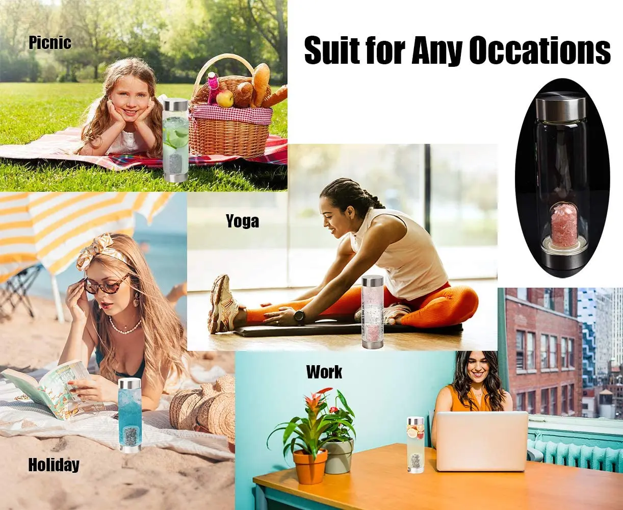 New Energy Crystal Gem Stone Drinking Water Infused Bottle Glass Bottle