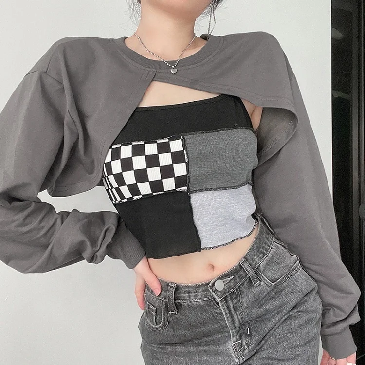 Женский Повседневный комплект из 2 предметов, блузка в клетку с длинным рукавом и небольшими подтяжками, свободная Асимметричная блузка с длинным рукавом